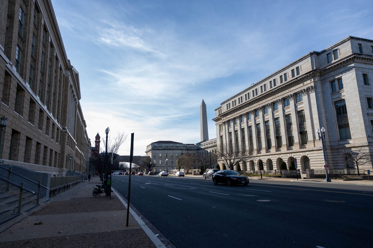 Washington DC government district street with neoclassical architecture and government buildings