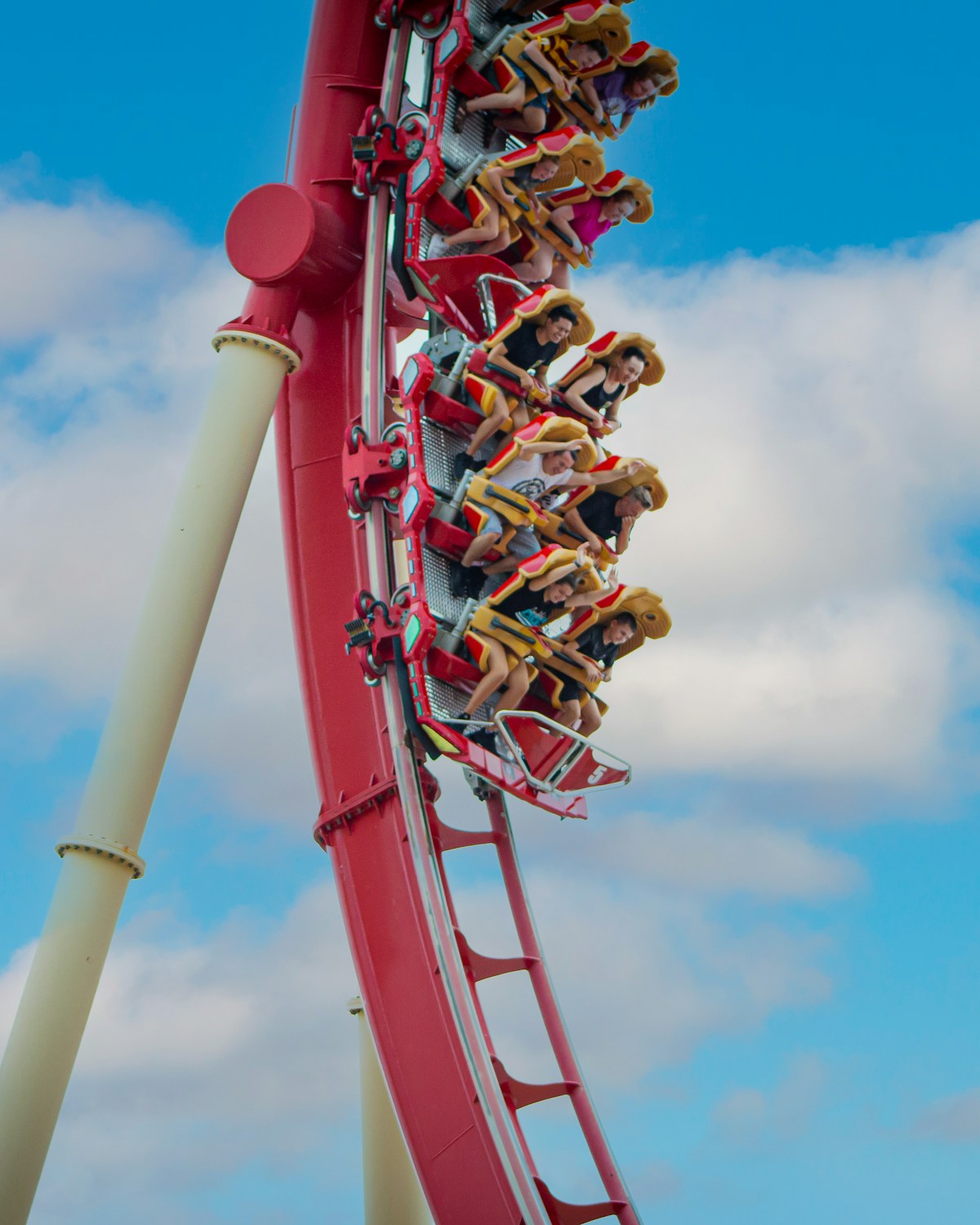 Roller coaster riders at Universal Studios Orlando at the top of the Hollywood Rip Ride Rockit