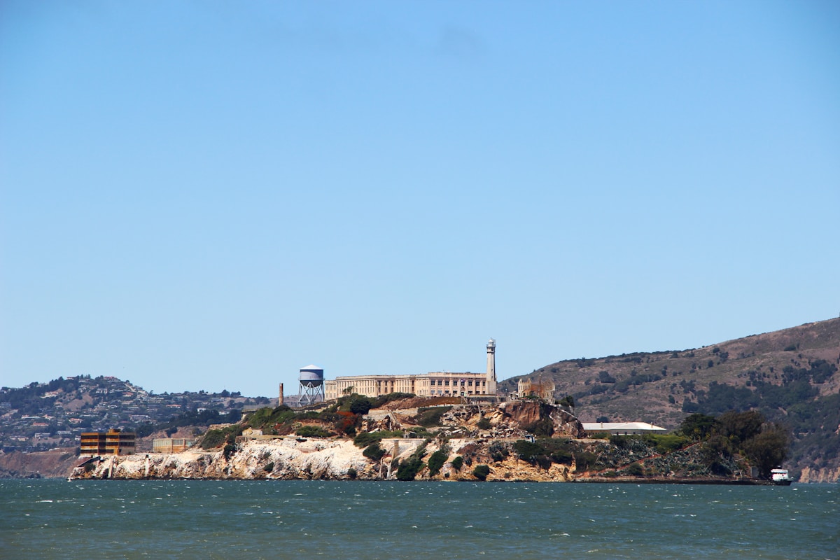 Alcatraz Island and the former federal penitentiary seen from the San Francisco Bay