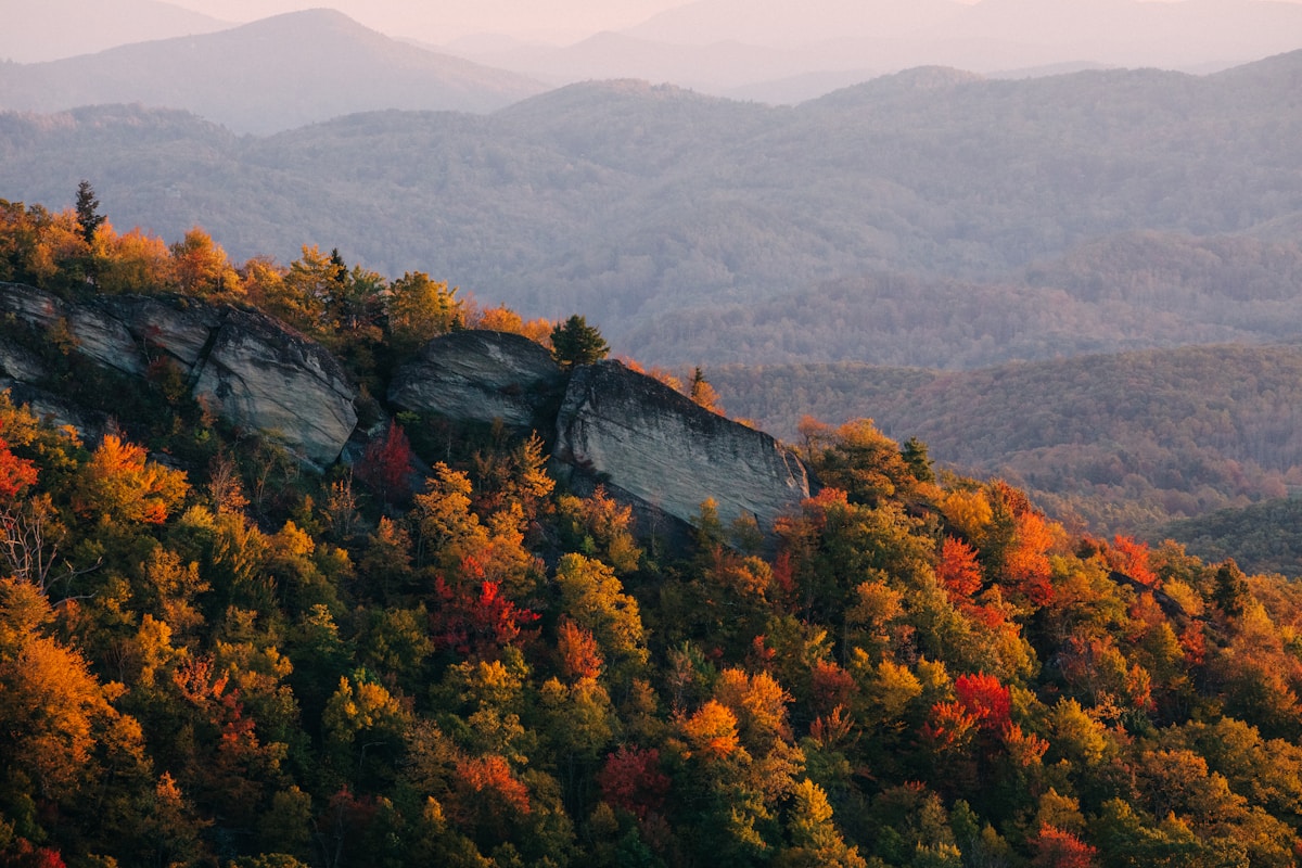 Mountain range in fall foliage colors at Grandfather Mountain, North Carolina
