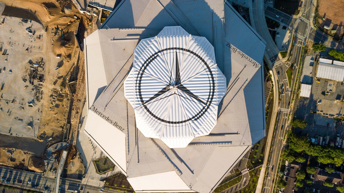 Aerial view of Mercedes-Benz Stadium's pinwheel roof, Atlanta