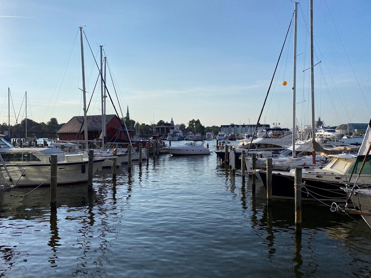Sailboats moored at a wooden dock in Annapolis harbor, Maryland