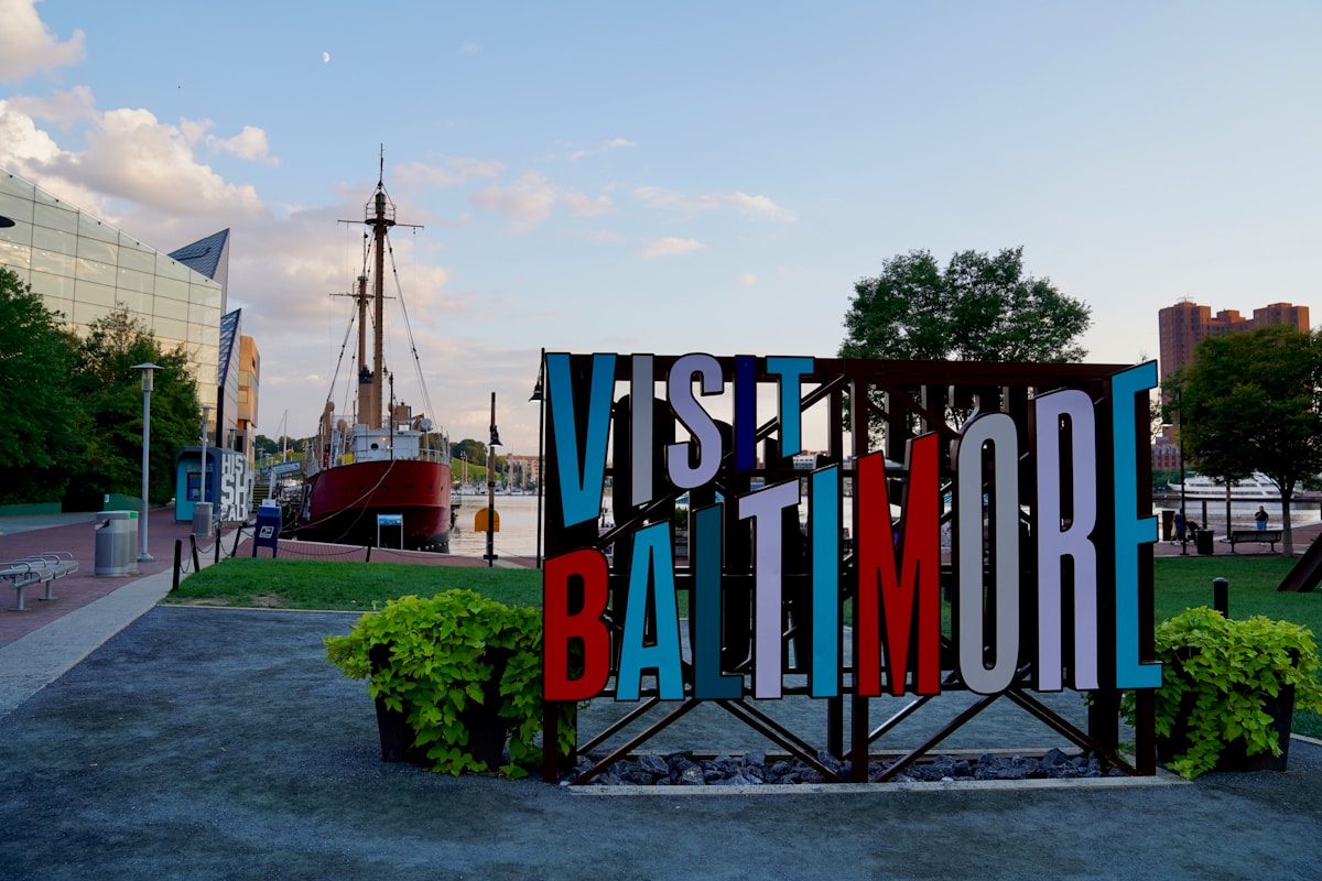 Visit Baltimore waterfront sign, Maryland