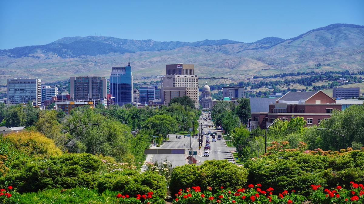 Boise city skyline under blue sky, Idaho