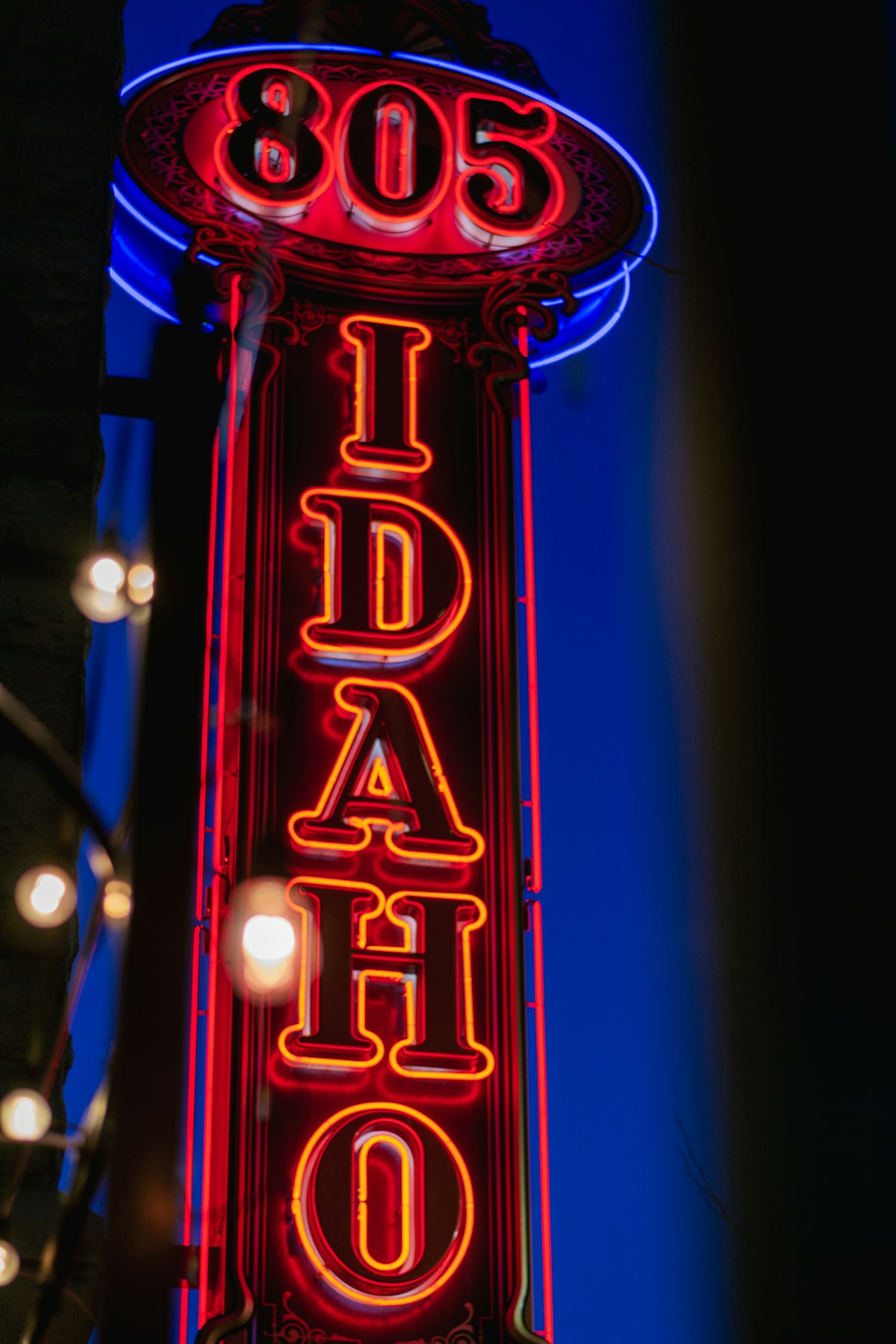 Neon Idaho sign lit up in Boise, Idaho