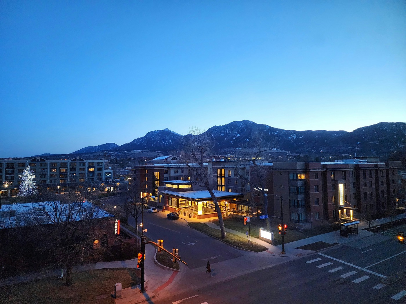 Pearl Street Mall at sunset with mountains in background, Boulder Colorado