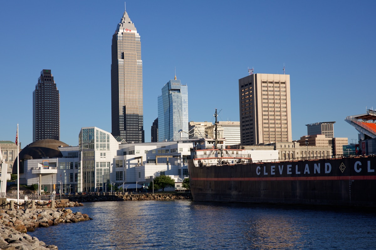 Cleveland skyline with a ship docked in the harbor, Ohio