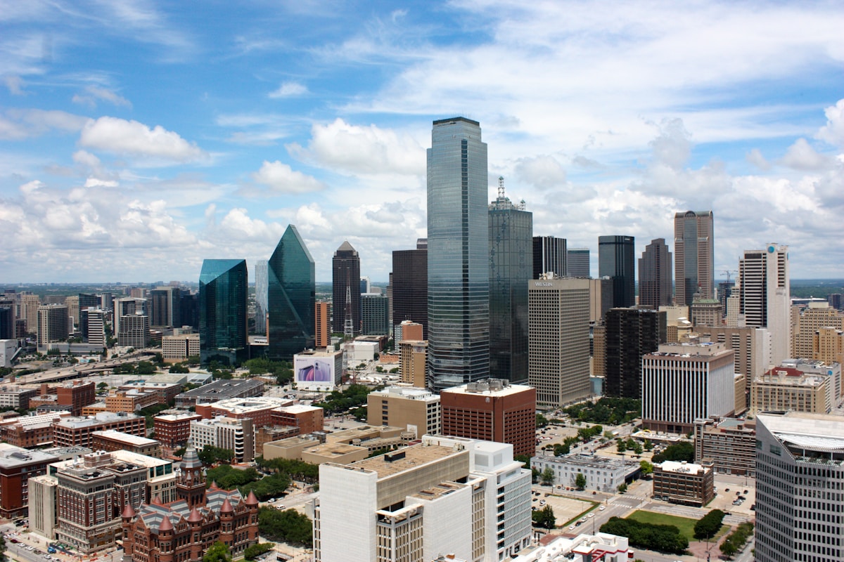 Dallas city buildings under blue sky, Texas