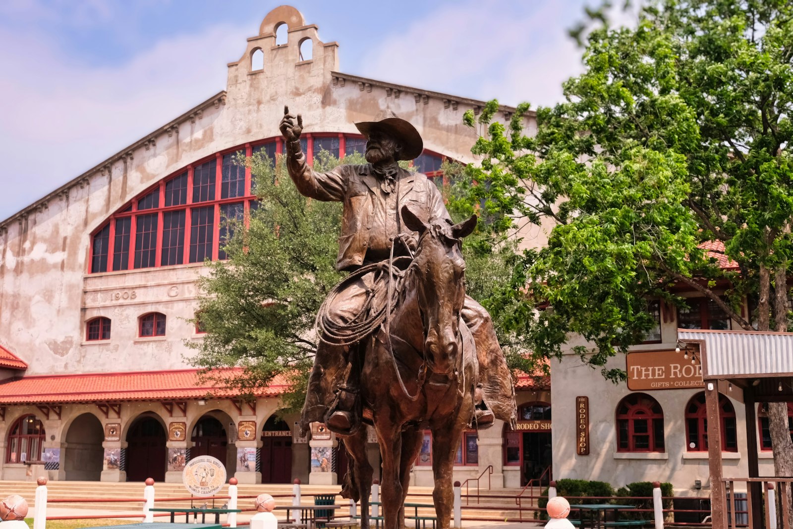 Bronze cowboy on horseback statue at the Fort Worth Stockyards National Historic District, Texas