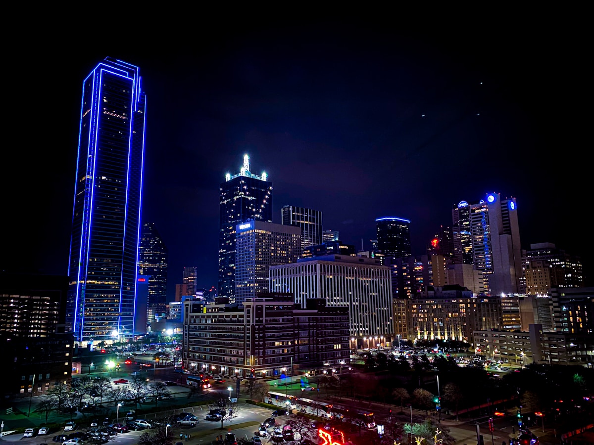 Aerial view of downtown Dallas lit up at night, Texas