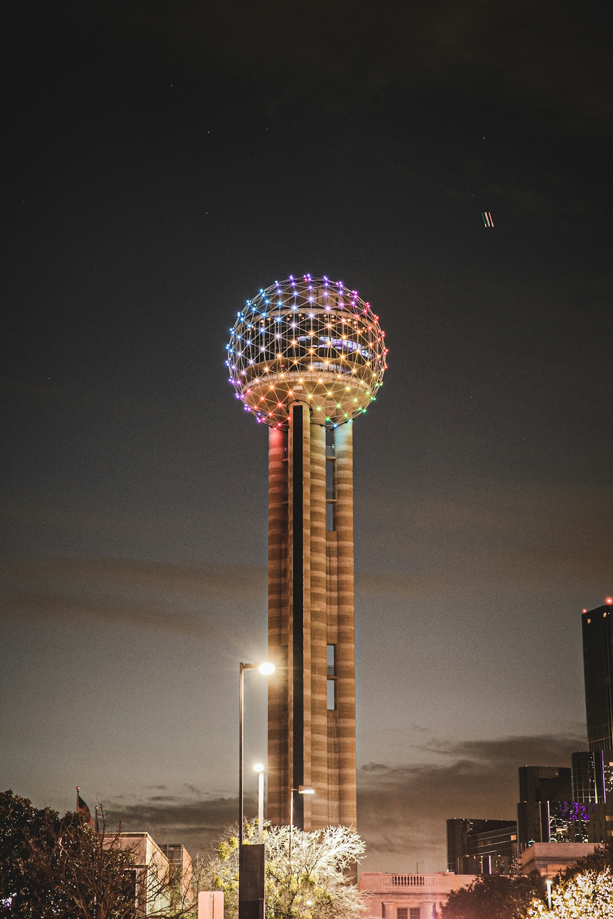 Reunion Tower with colorful light display, Downtown Dallas, Texas