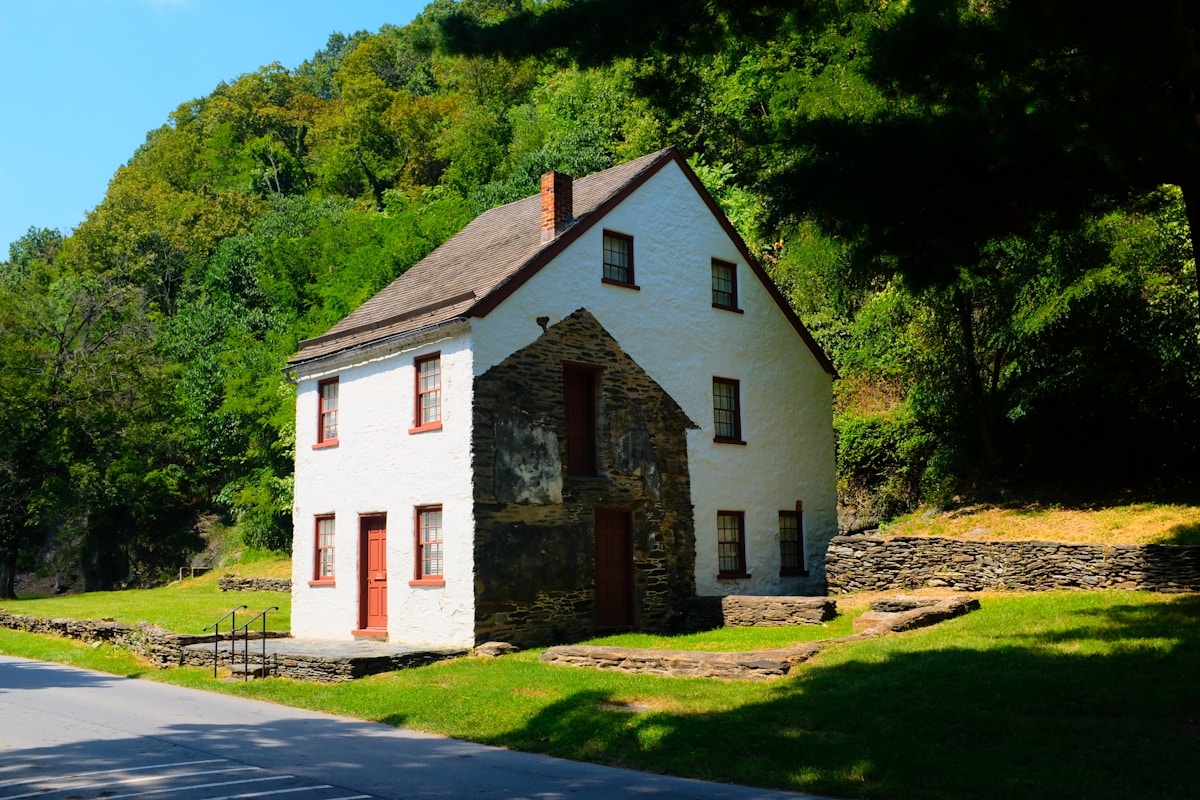 Historic whitewashed house in Harpers Ferry, West Virginia