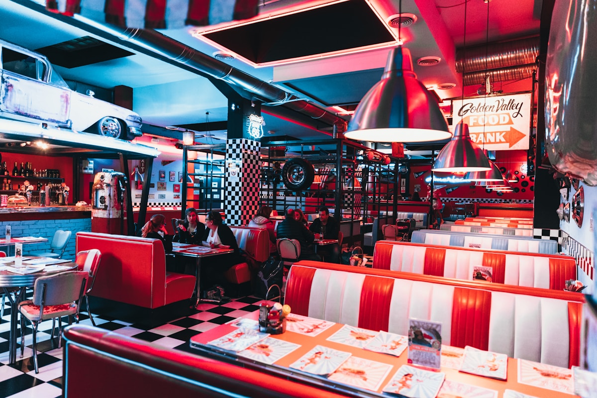 Red and white checkered booths in a classic American diner