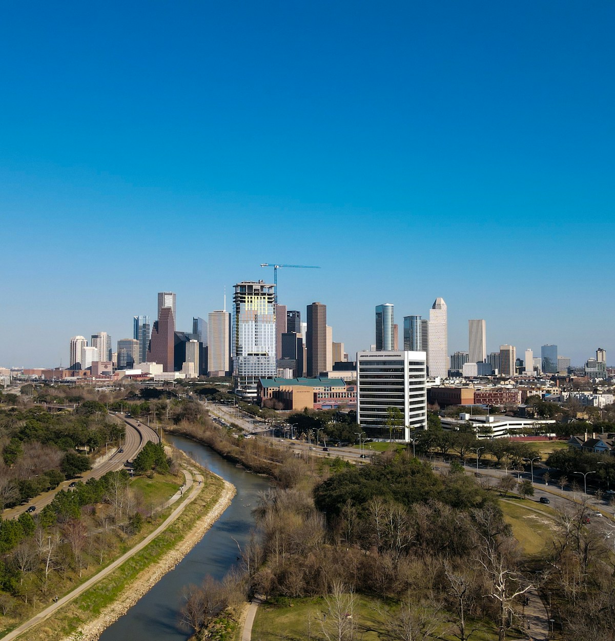 Buffalo Bayou with Houston city skyline in the background, Texas