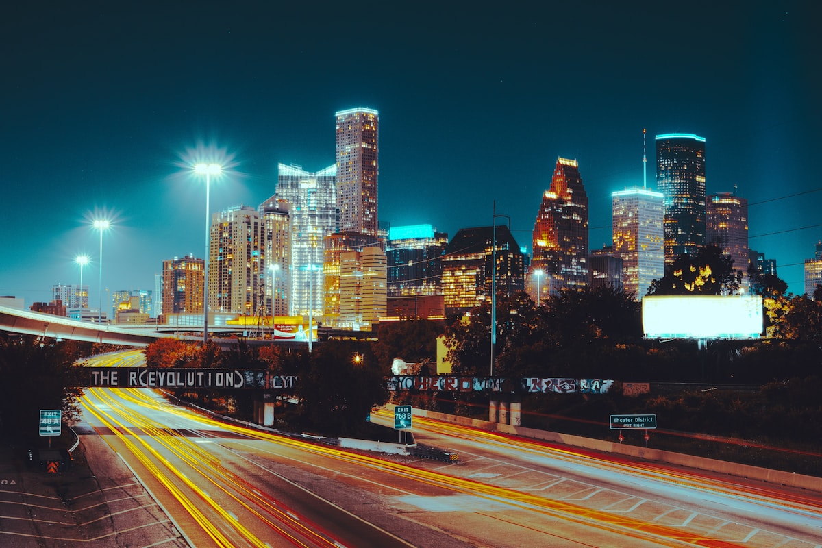 Downtown Houston skyline lit up at night