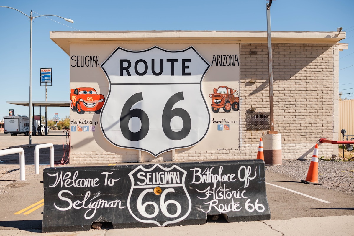 Route 66 shield sign in Seligman, Arizona, birthplace of Historic Route 66