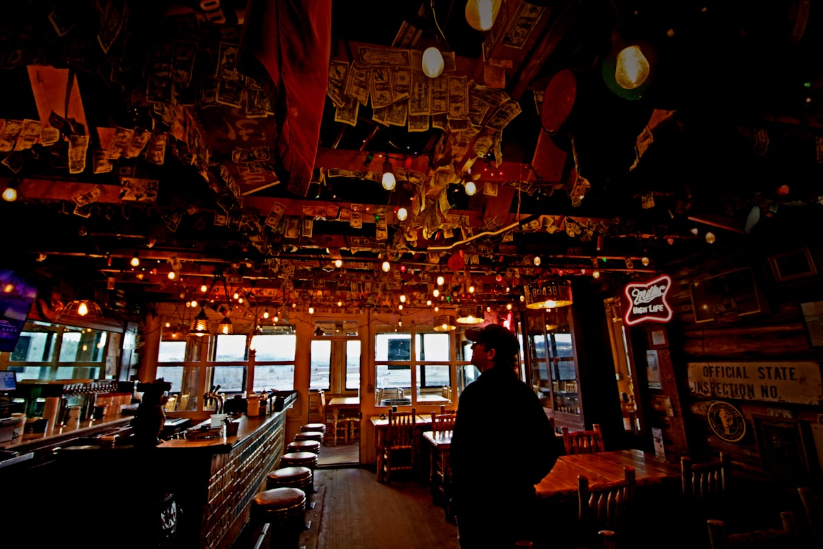 Atmospheric restaurant interior with lights, Buffalo Valley Cafe near Jackson Hole, Wyoming