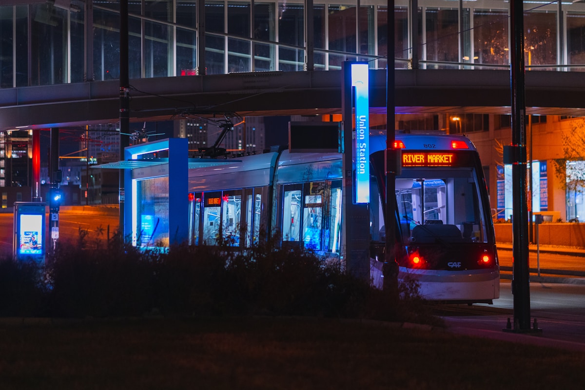 KC Streetcar at Union Station, Kansas City at night