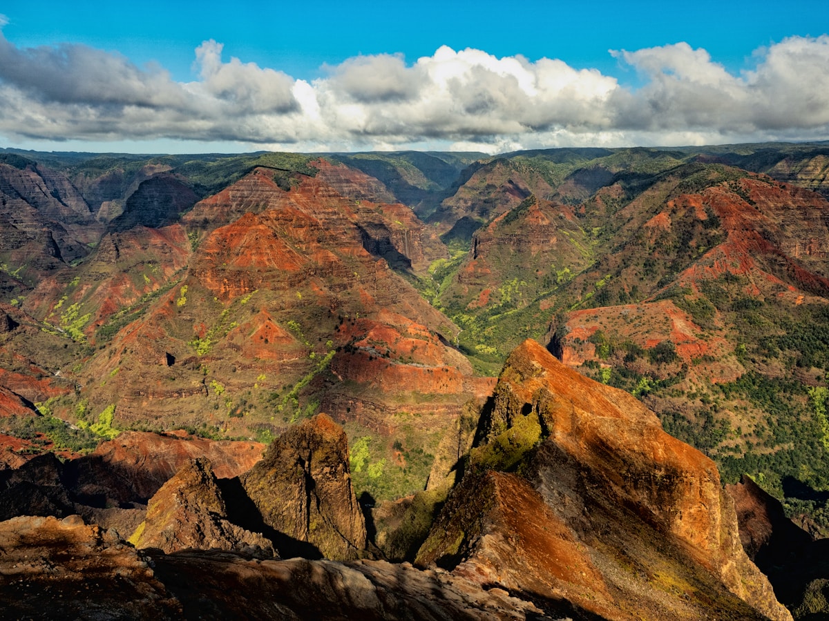 Aerial view of the dramatic red rock formations in Waimea Canyon, Kauai, Hawaii