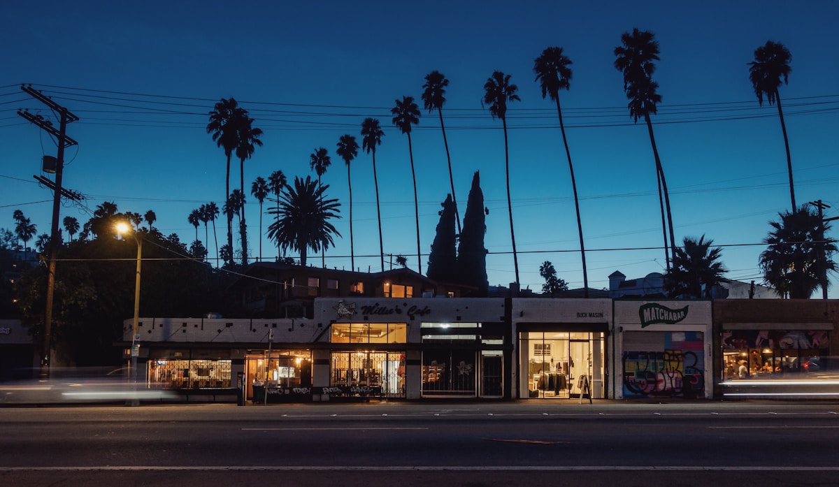 Palm trees and cafe storefronts on Silver Lake Boulevard at dusk, Los Angeles - digital nomad guide