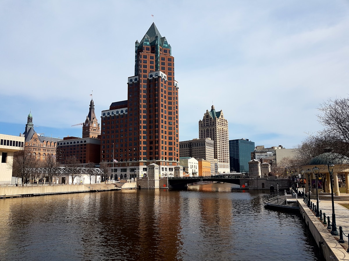 Historic hotel building on Kilbourn Avenue beside the river in downtown Milwaukee, Wisconsin