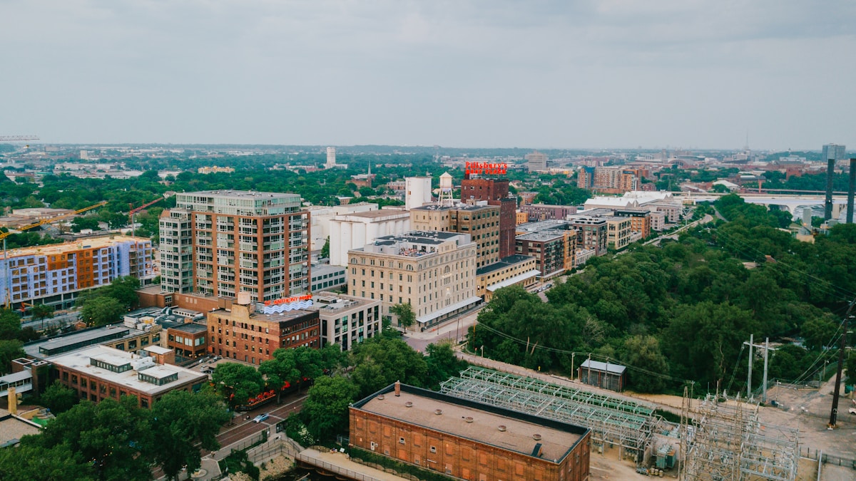 Aerial view of the Minneapolis high-rise hotel district, Minnesota
