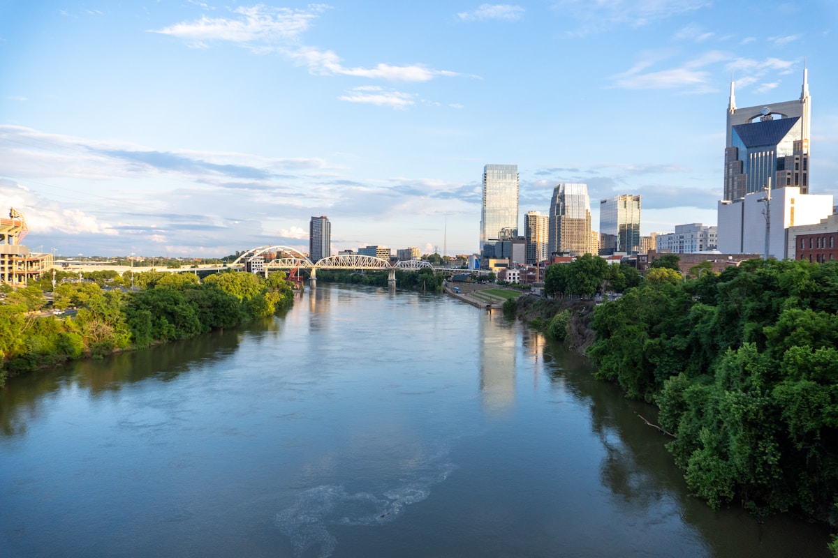 Nashville skyline reflecting on a calm river, Tennessee