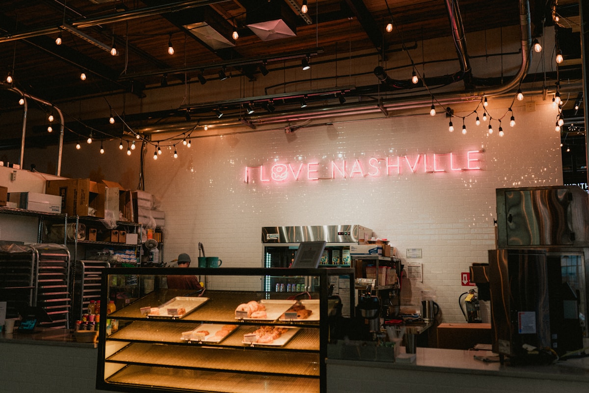 Interior of a Nashville restaurant with an I Love Nashville sign, Tennessee