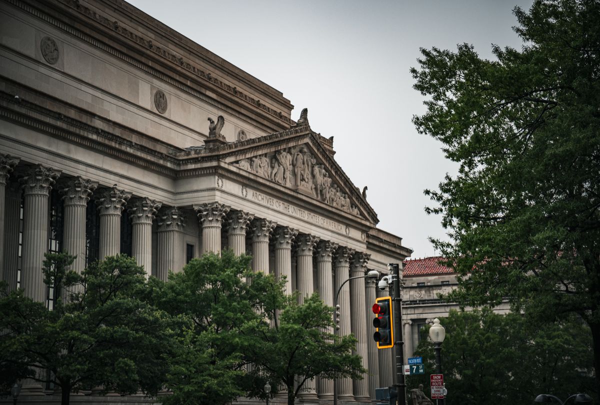 The National Archives Building on Constitution Avenue in Washington DC, showing its neoclassical colonnade