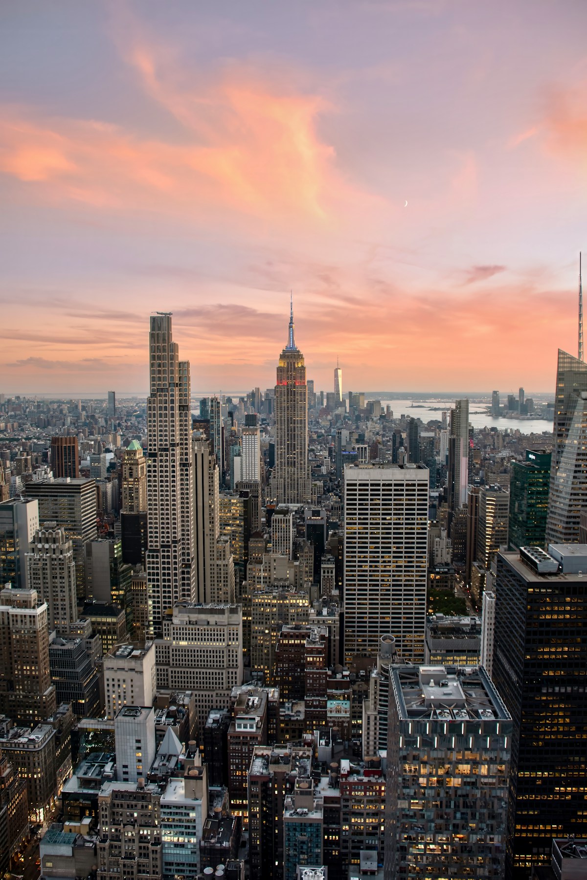 Midtown Manhattan skyline at sunset with the Empire State Building