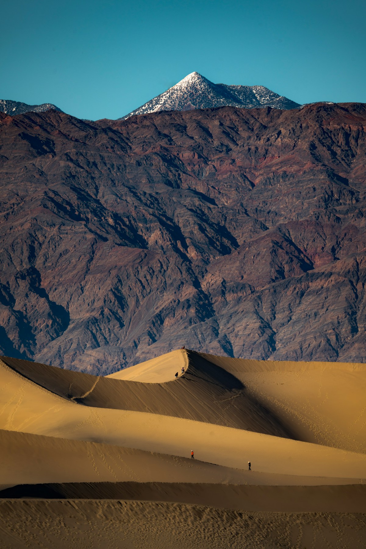 Rippled sand dunes under desert mountains in Death Valley National Park