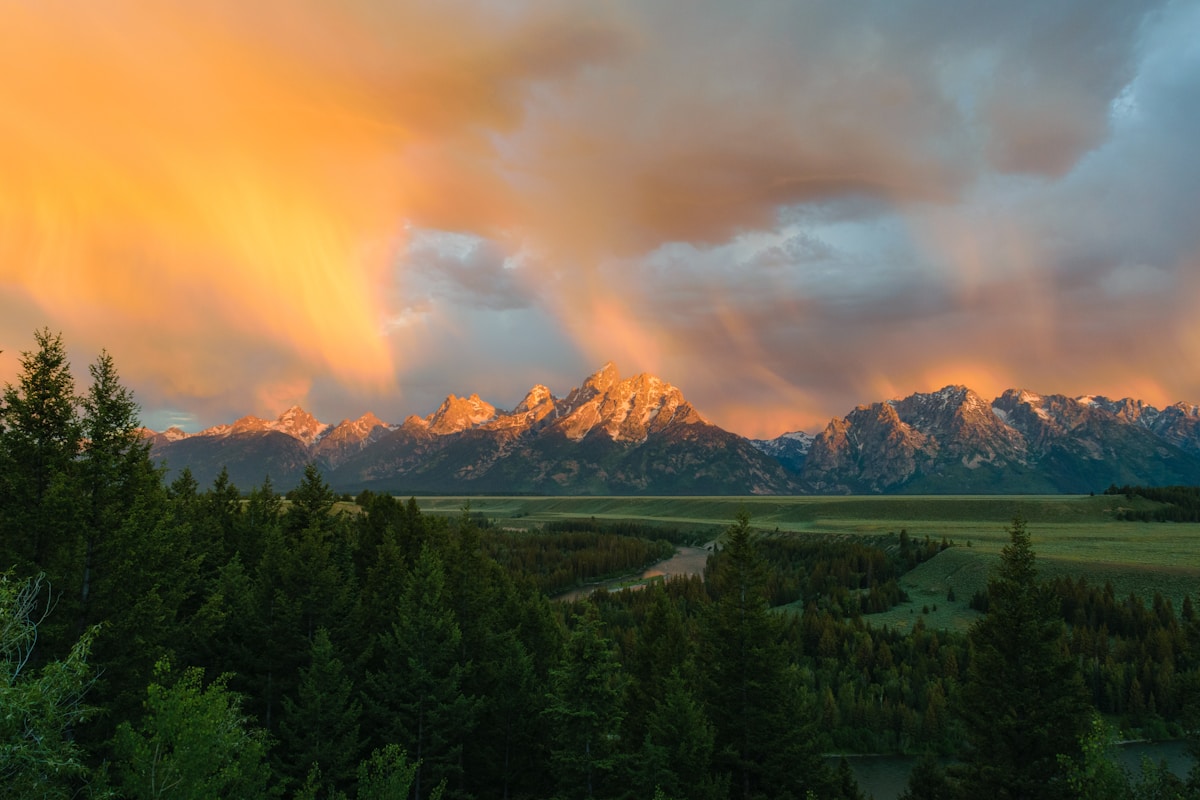 The Teton Range rising above a bend in the Snake River, Grand Teton National Park, Wyoming