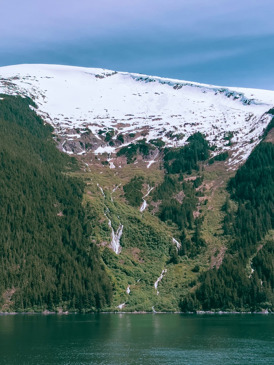 Snow-capped mountains with glaciers flowing to the sea in an Alaska fjord, with forested slopes and calm dark-blue water