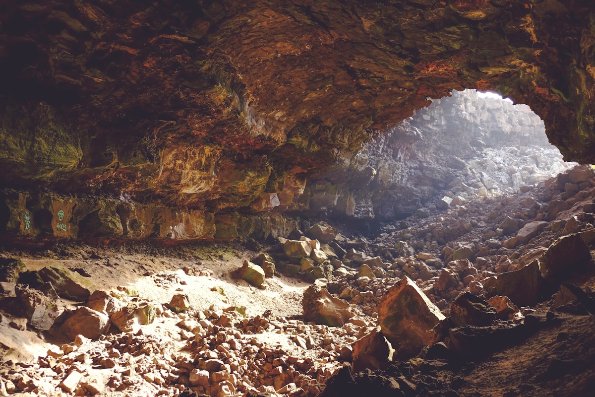 Rocky cave passage with light filtering through the entrance at Mammoth Cave National Park, Kentucky
