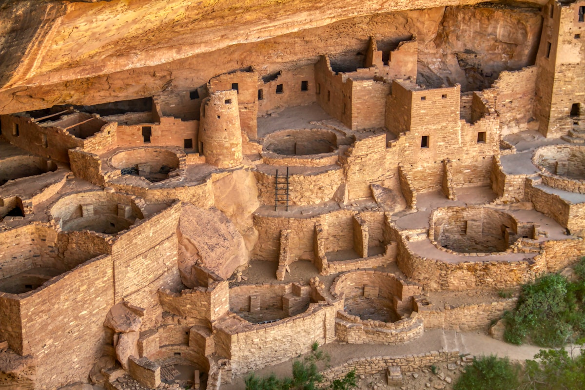 Ancestral Puebloan cliff dwellings built into a sandstone alcove, Mesa Verde National Park, Colorado