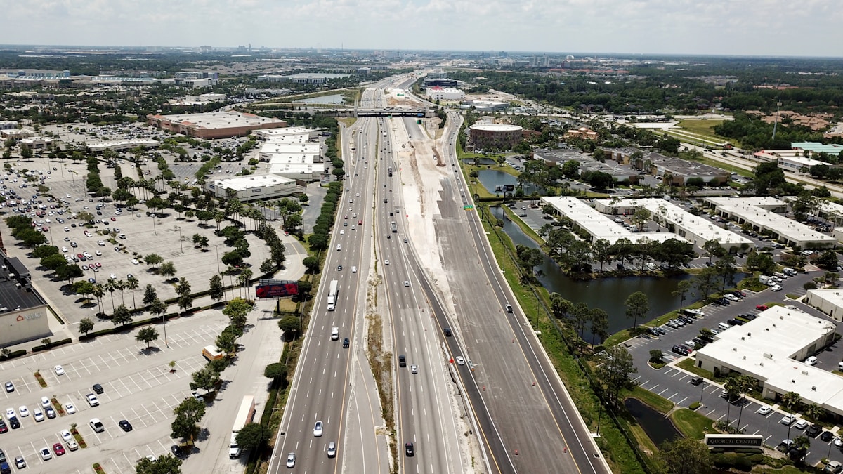 Aerial view of a highway and city of Orlando, Florida
