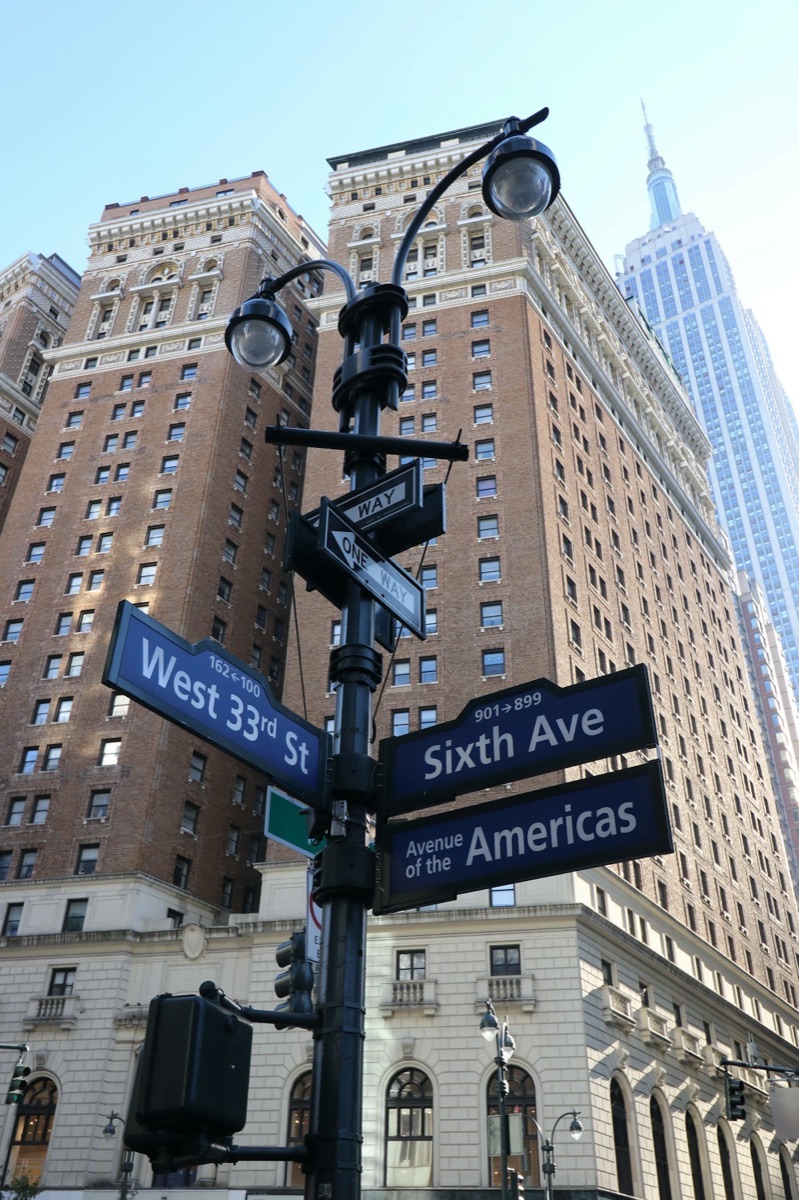 Street signs with Empire State Building in background, New York City, USA