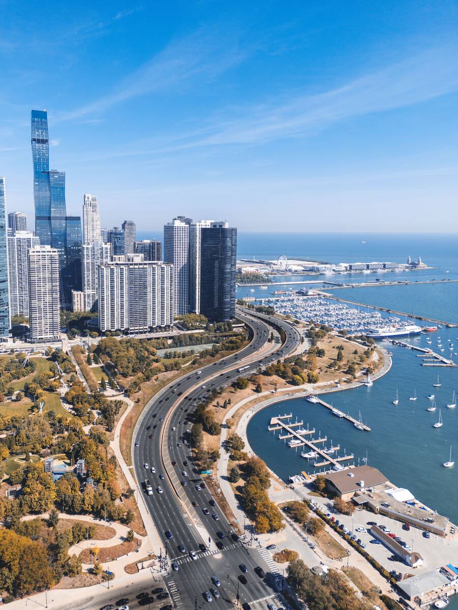 Chicago skyline and lakefront from above, with Lake Michigan and marina