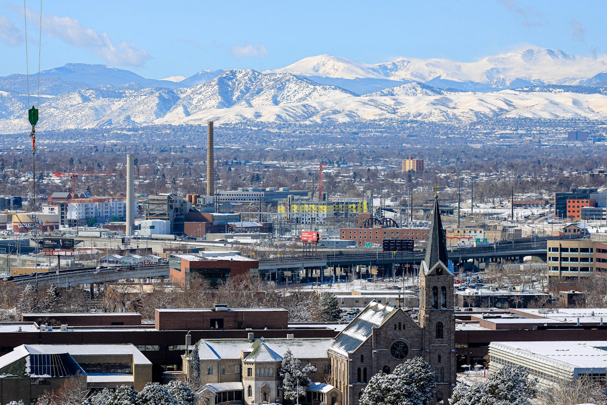 Denver skyline with the Rocky Mountains on the horizon, Colorado