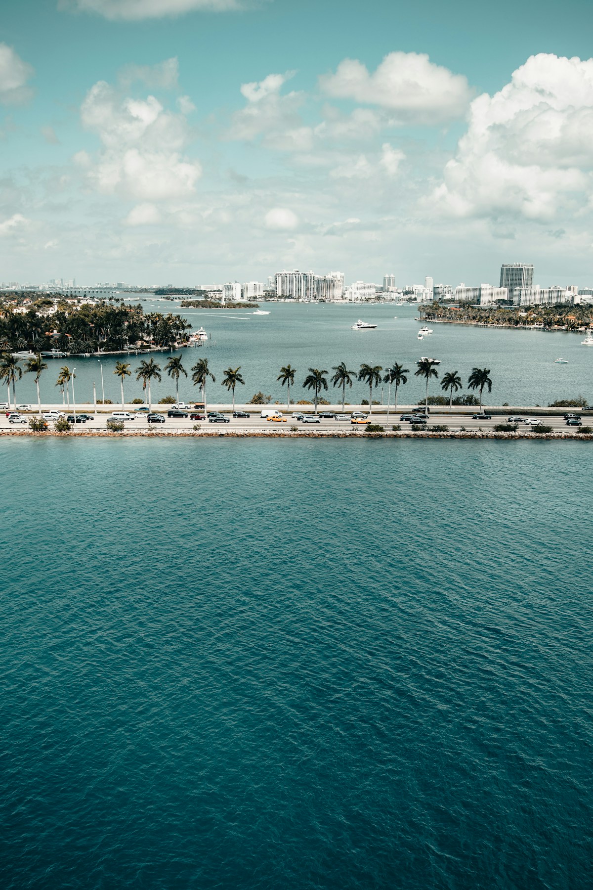 Beachgoers on Miami Beach with blue sky and palm trees, Florida