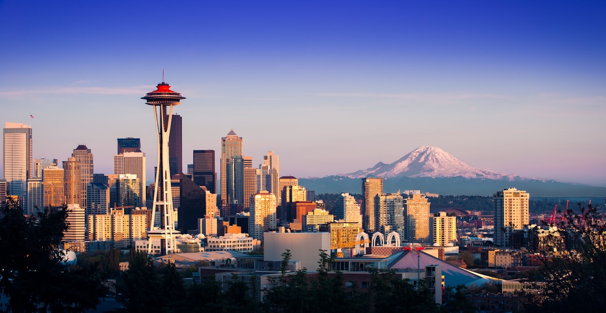 Aerial view of the Seattle skyline with Elliott Bay beyond, Washington