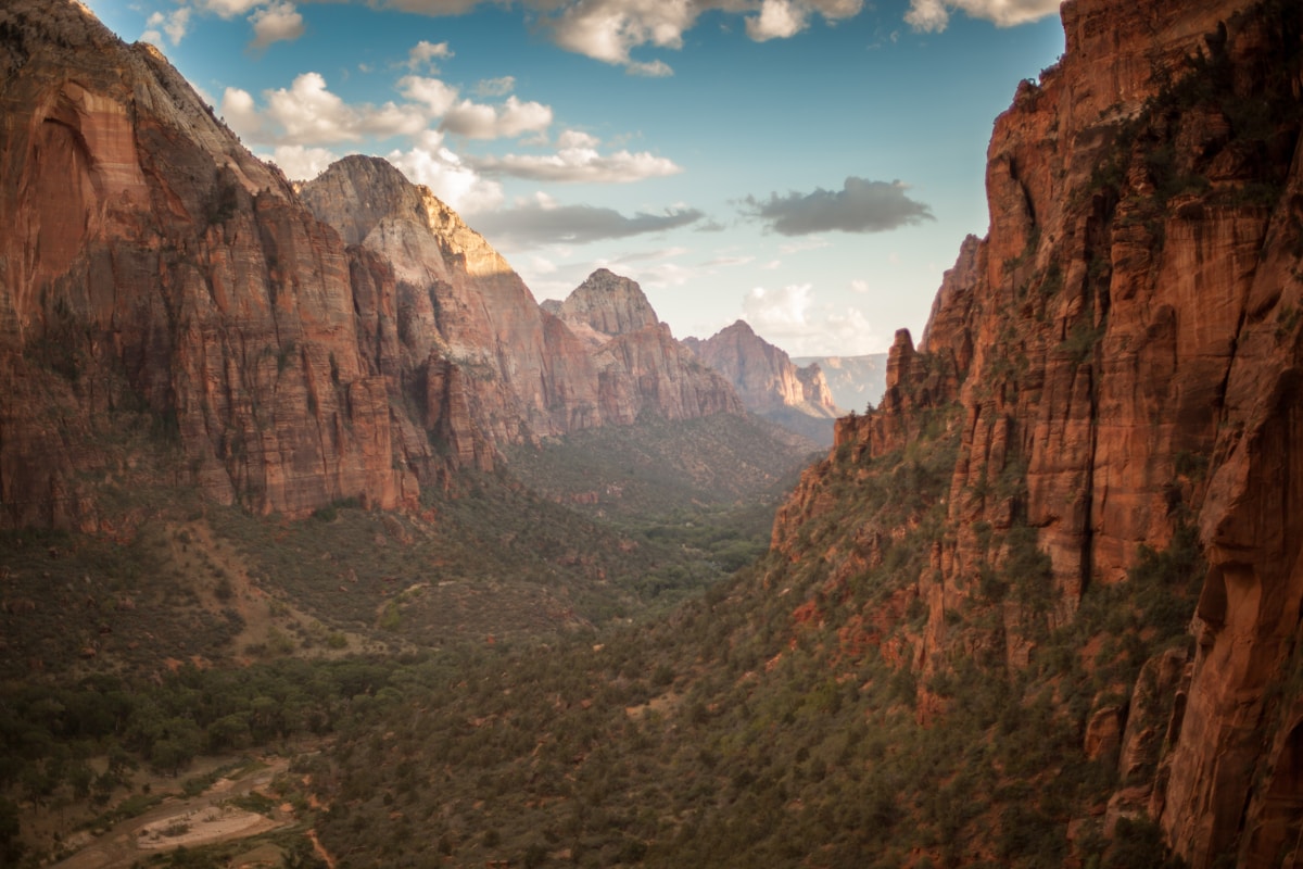 Angels Landing towering over Zion Canyon with the Virgin River below