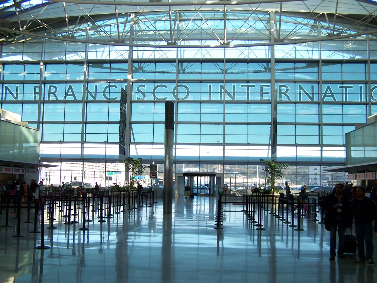 San Francisco International Airport terminal interior with 'San Francisco Internatio...' signage visible