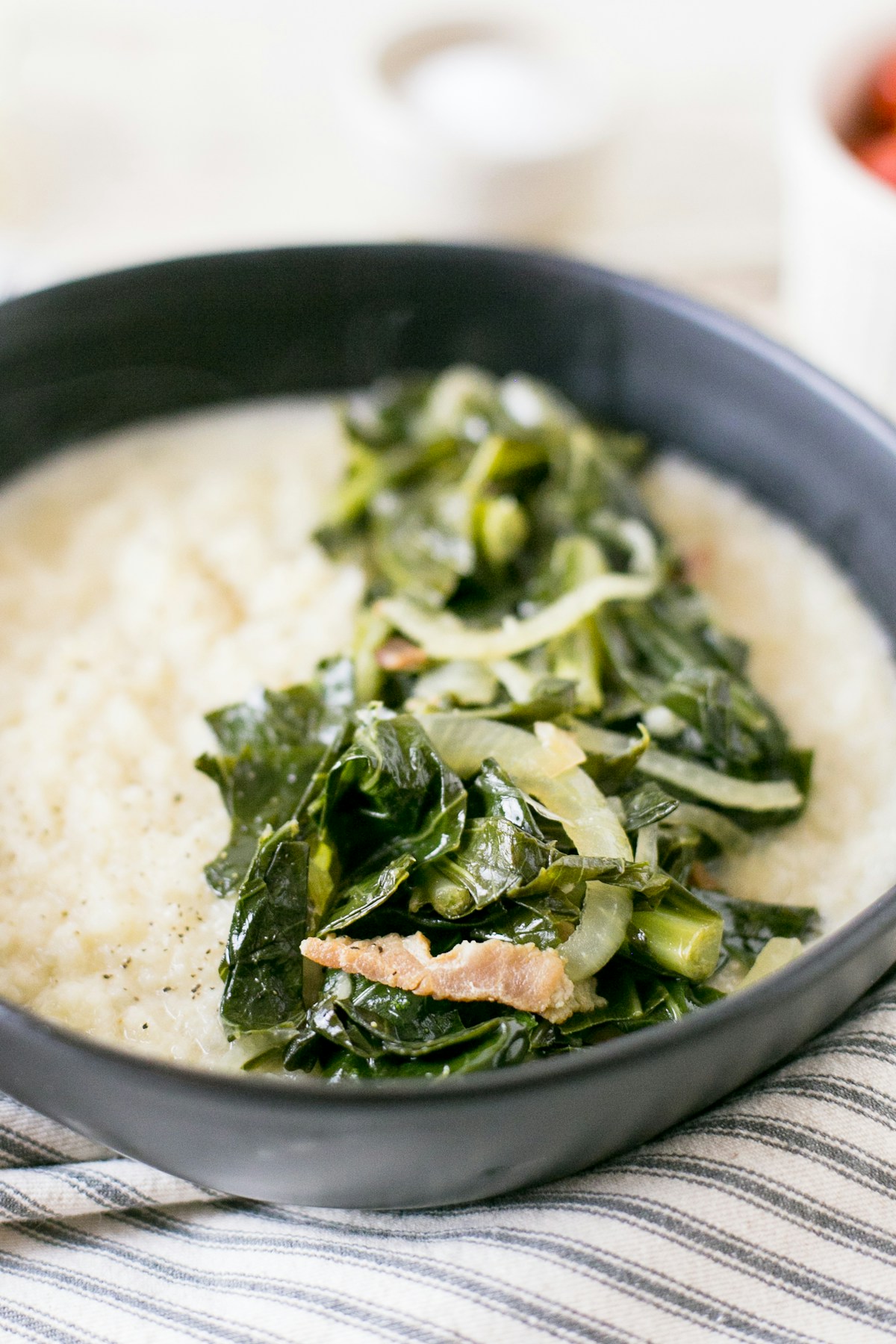 A bowl of Southern rice and seasonal greens at a Savannah, Georgia restaurant