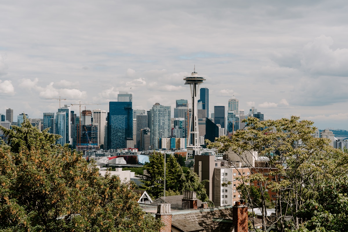 Seattle skyline with Space Needle and downtown towers on a cloudy day - digital nomad guide