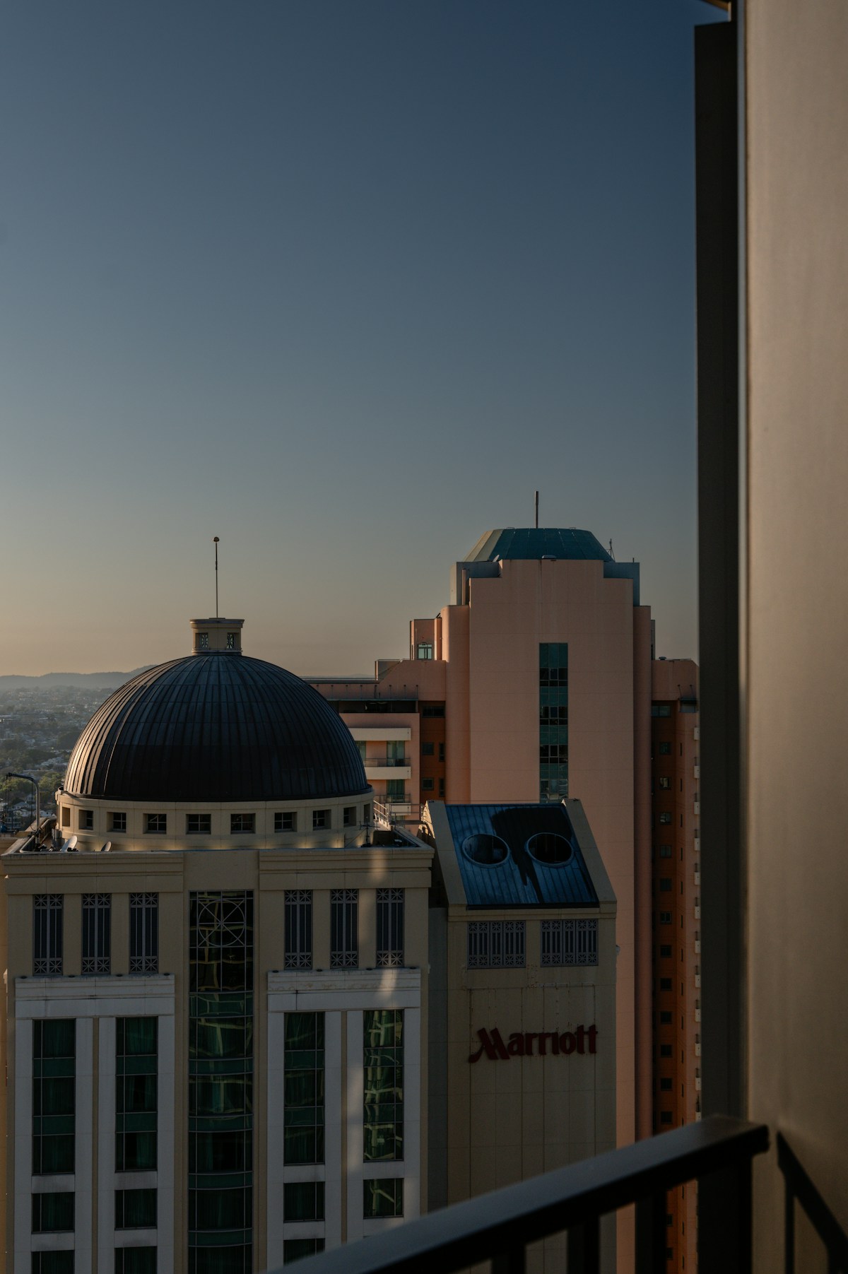 Downtown hotel tower and dome at sunset in St. Louis, Missouri