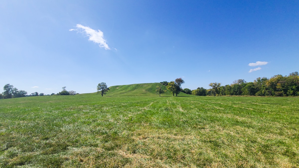 Grassy earthwork mound at Cahokia Mounds State Historic Site, Collinsville, Illinois