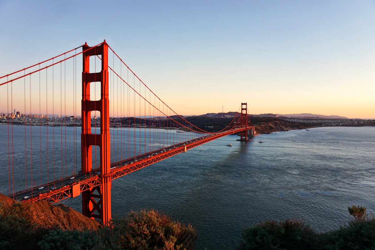 Golden Gate Bridge at sunset viewed from Marin Headlands, San Francisco, California