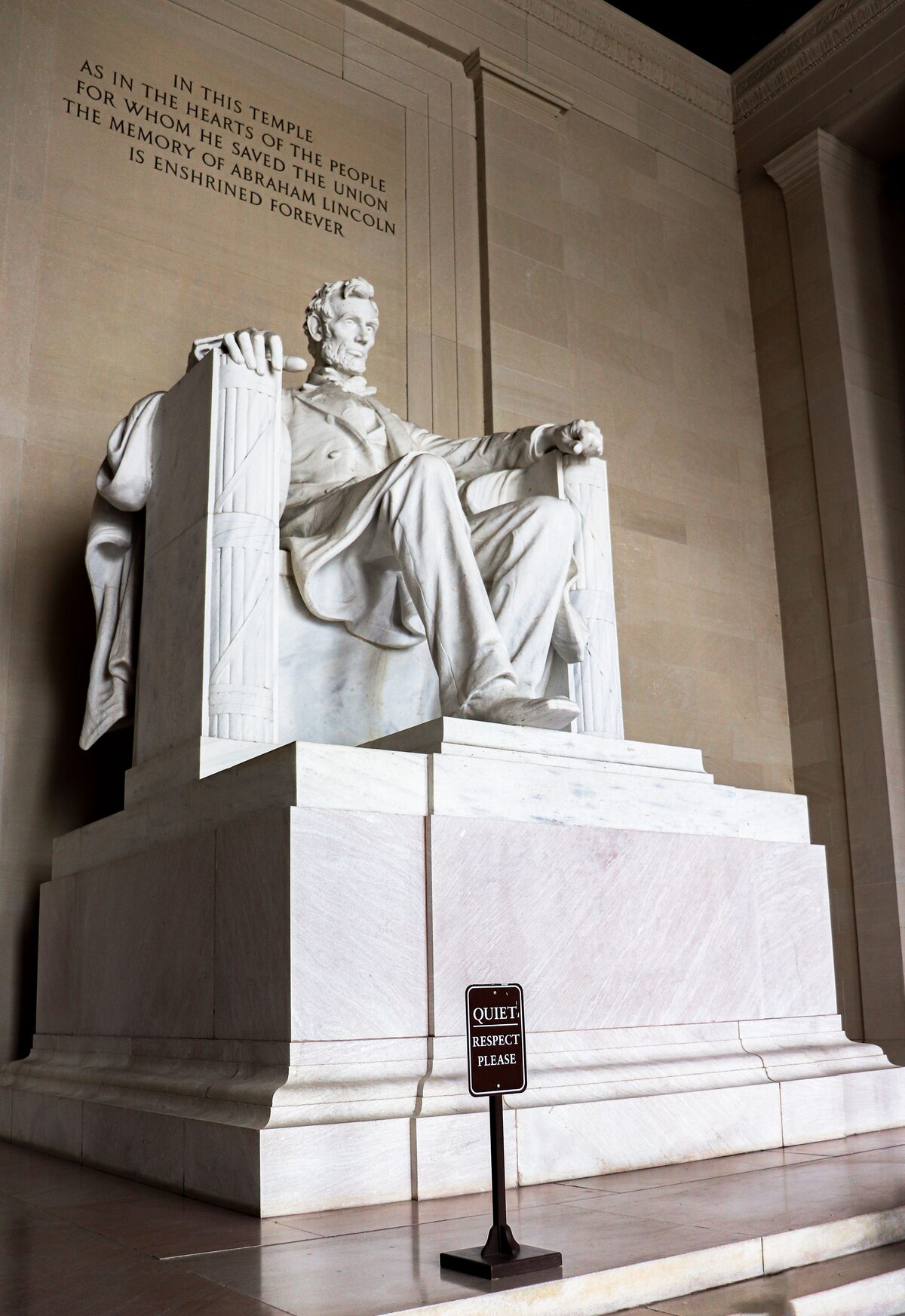 The seated Abraham Lincoln statue inside the Lincoln Memorial in Washington DC