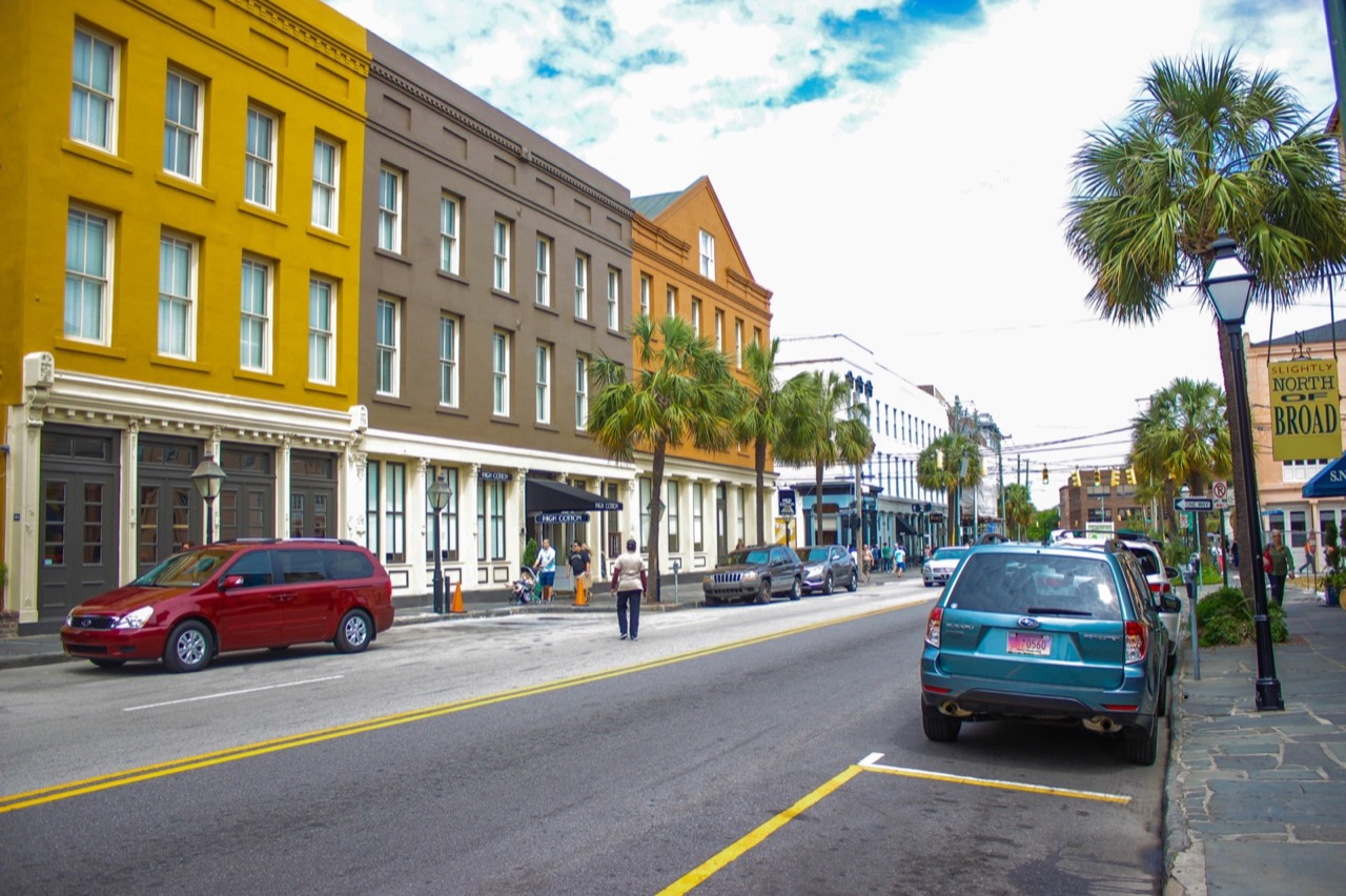 Blue car parked on a historic street, Charleston, South Carolina